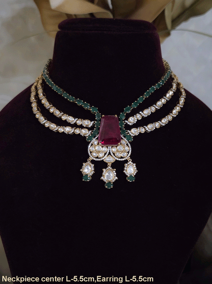 Three layer moissanite set with green stone center and one coloured stone layer