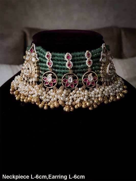 Traditional design kundan tukdies in eight aqua bead strings set
