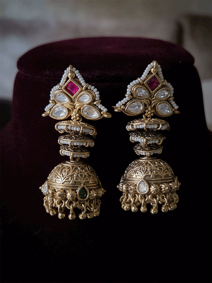 Traditional design kundan tukdies in eight aqua bead strings set