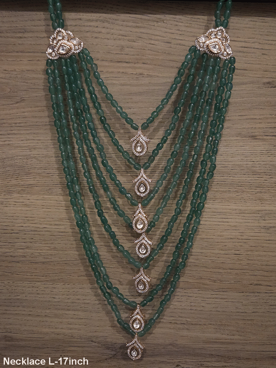 Seven layer leaf design moissanite tukdies in center 17 inch long necklace with triangular side brooches