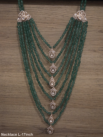 Seven layer leaf design moissanite tukdies in center 17 inch long necklace with triangular side brooches