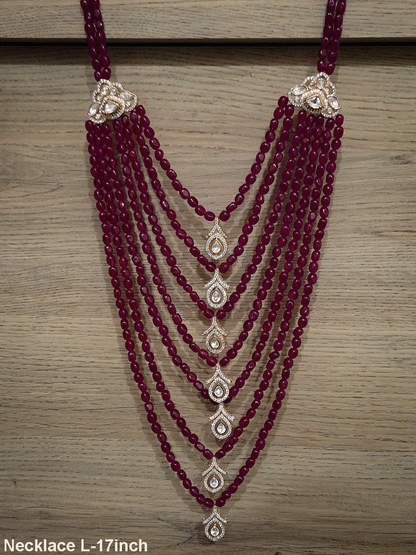 Seven layer leaf design moissanite tukdies in center 17 inch long necklace with triangular side brooches