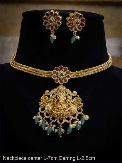 Laxmiji center pendant with green drops set with chain on sides