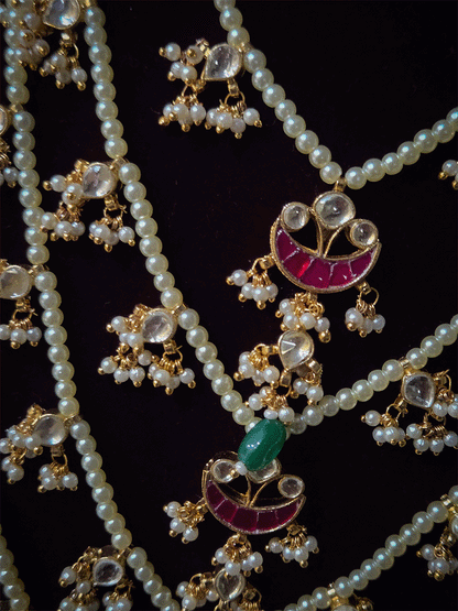 15 inch long five pearl layers paachi kundan tukdies traditional design set