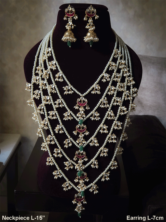 15 inch long five pearl layers paachi kundan tukdies traditional design set