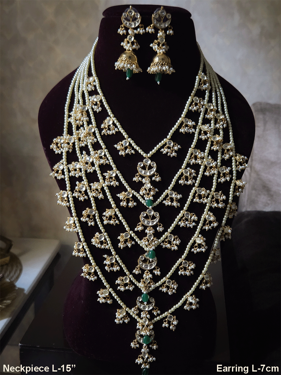15 inch long five pearl layers paachi kundan tukdies traditional design set