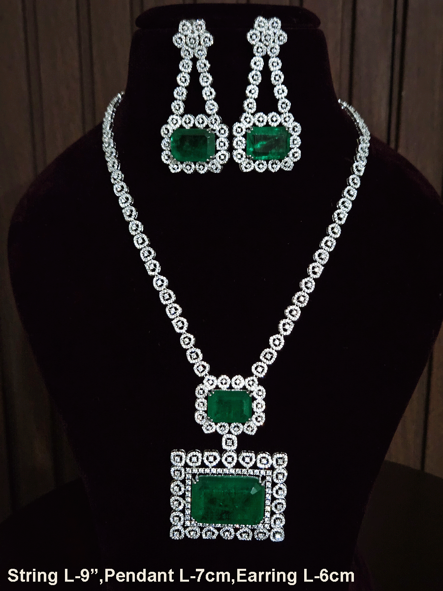 9 inch long AD silver finish green rectangular pendant(7cm) set