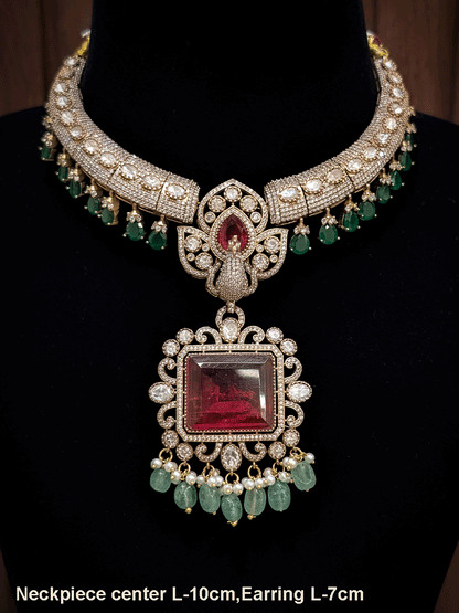 Rectangular middle stone pendant with peacock top moissanite set with aqua drops