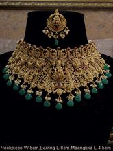 Load image into Gallery viewer, Broad green and ruby drops laxmiji choker set with intricate peacock motifs