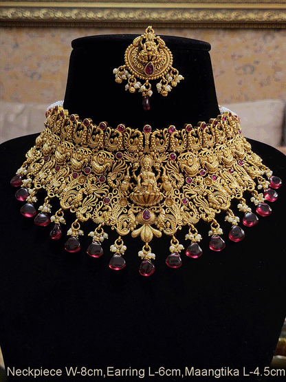 Broad green and ruby drops laxmiji choker set with intricate peacock motifs