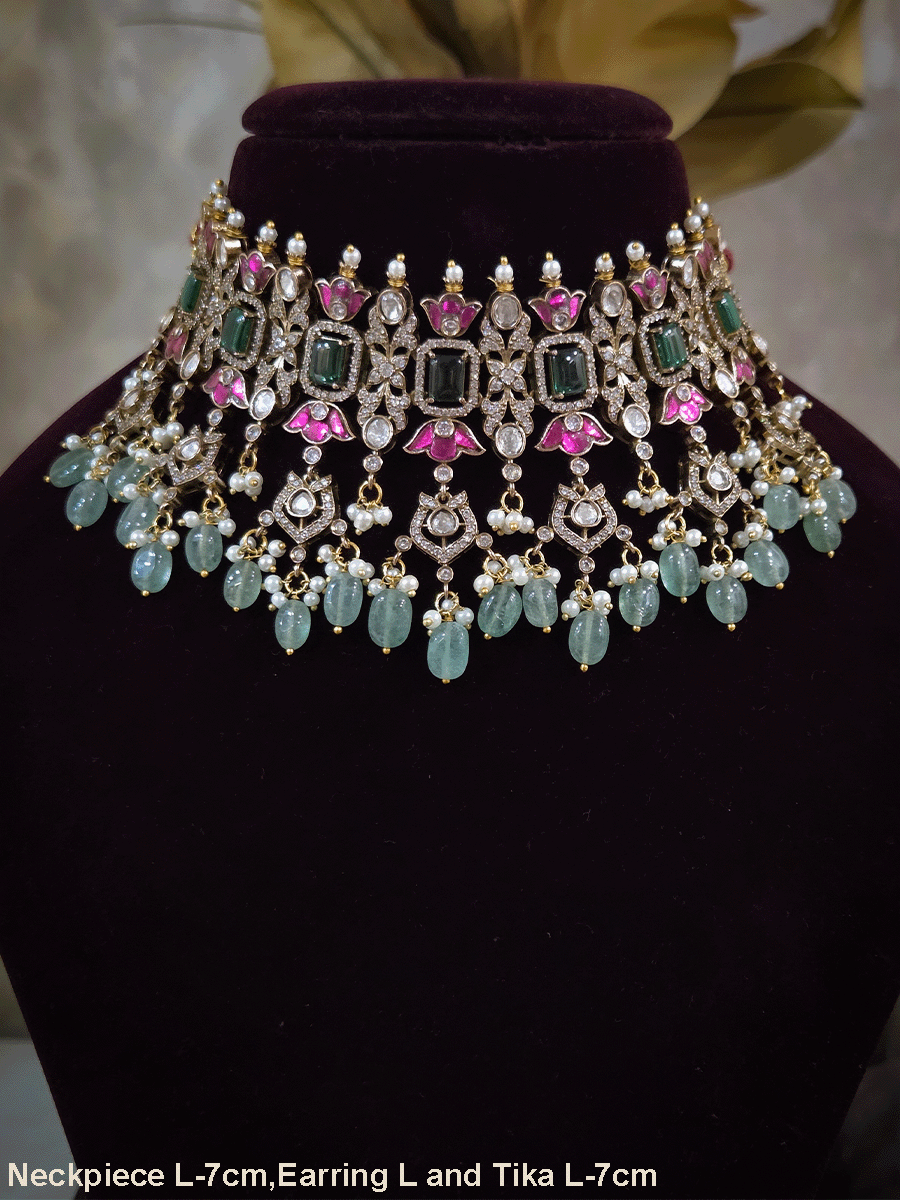 Rectangular green stones with hanging moissanite tukdies and ruby flower design antique gold finish set