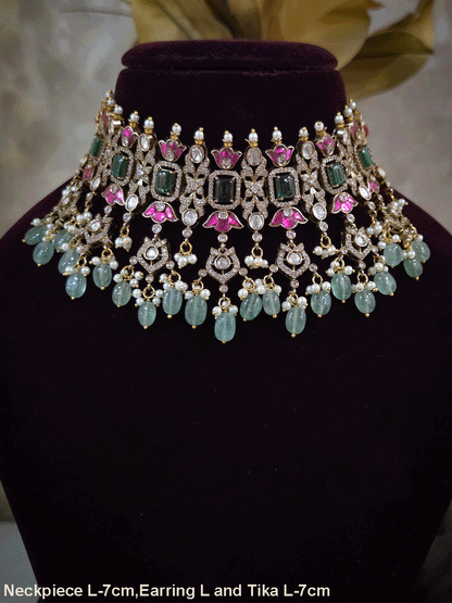 Rectangular green stones with hanging moissanite tukdies and ruby flower design antique gold finish set