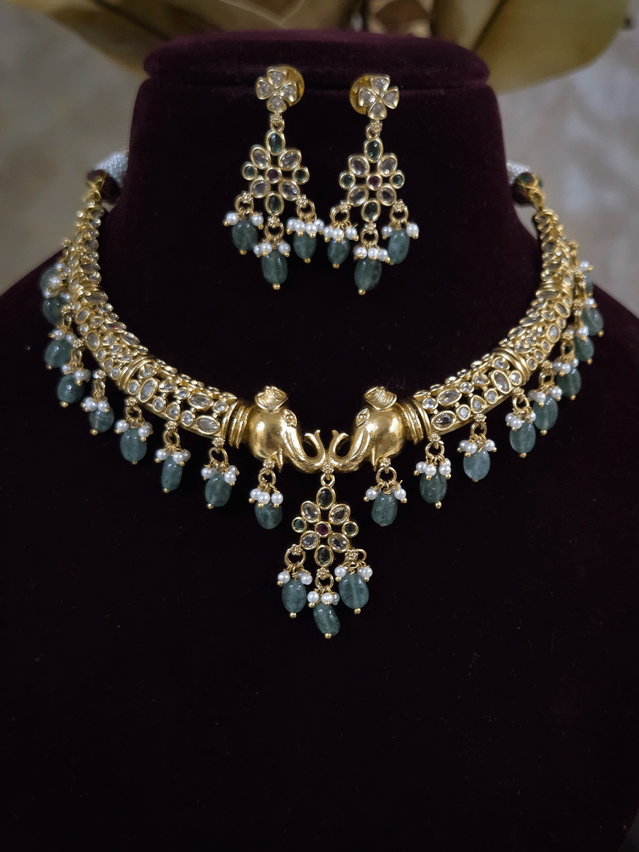 Elephant mouth center with jade drops polki embedded hasli set
