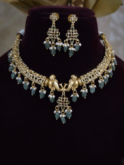 Elephant mouth center with jade drops polki embedded hasli set