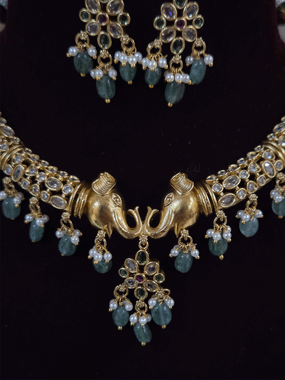 Elephant mouth center with jade drops polki embedded hasli set