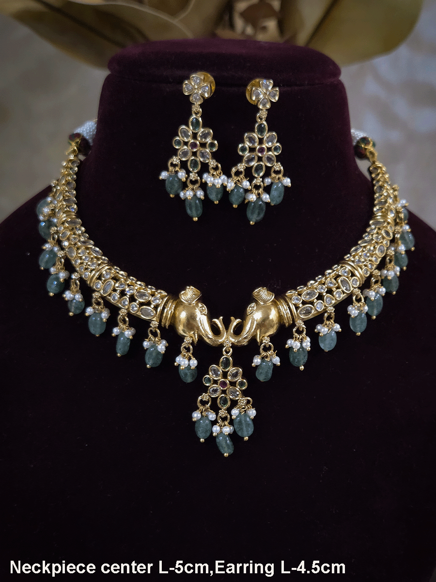Elephant mouth center with jade drops polki embedded hasli set