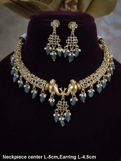 Elephant mouth center with jade drops polki embedded hasli set