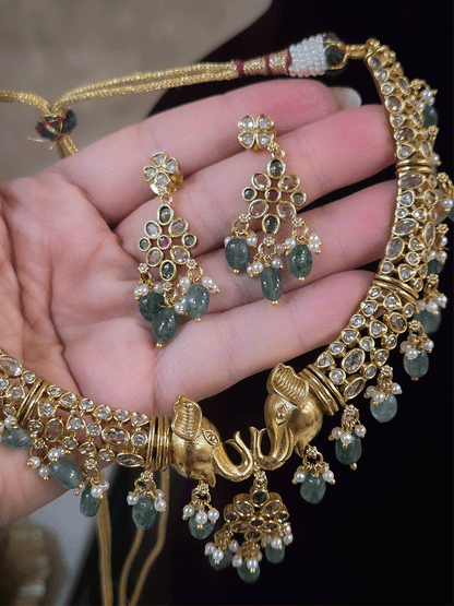 Elephant mouth center with jade drops polki embedded hasli set
