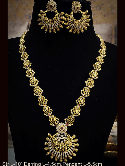 Long round pendant with flower design AD,green and ruby stones studded set