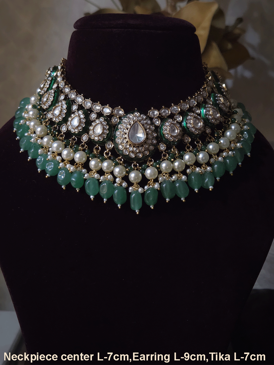 Green enamel tear drop shaped tukdies kundan set with pearl and jade green drops