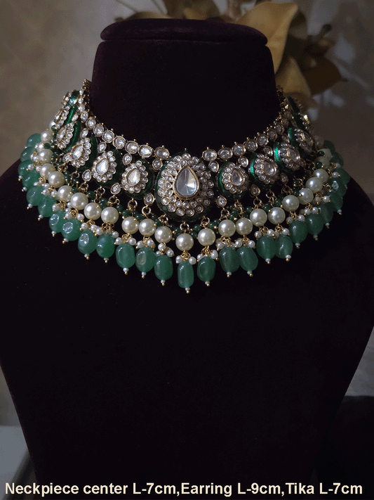 Green enamel tear drop shaped tukdies kundan set with pearl and jade green drops