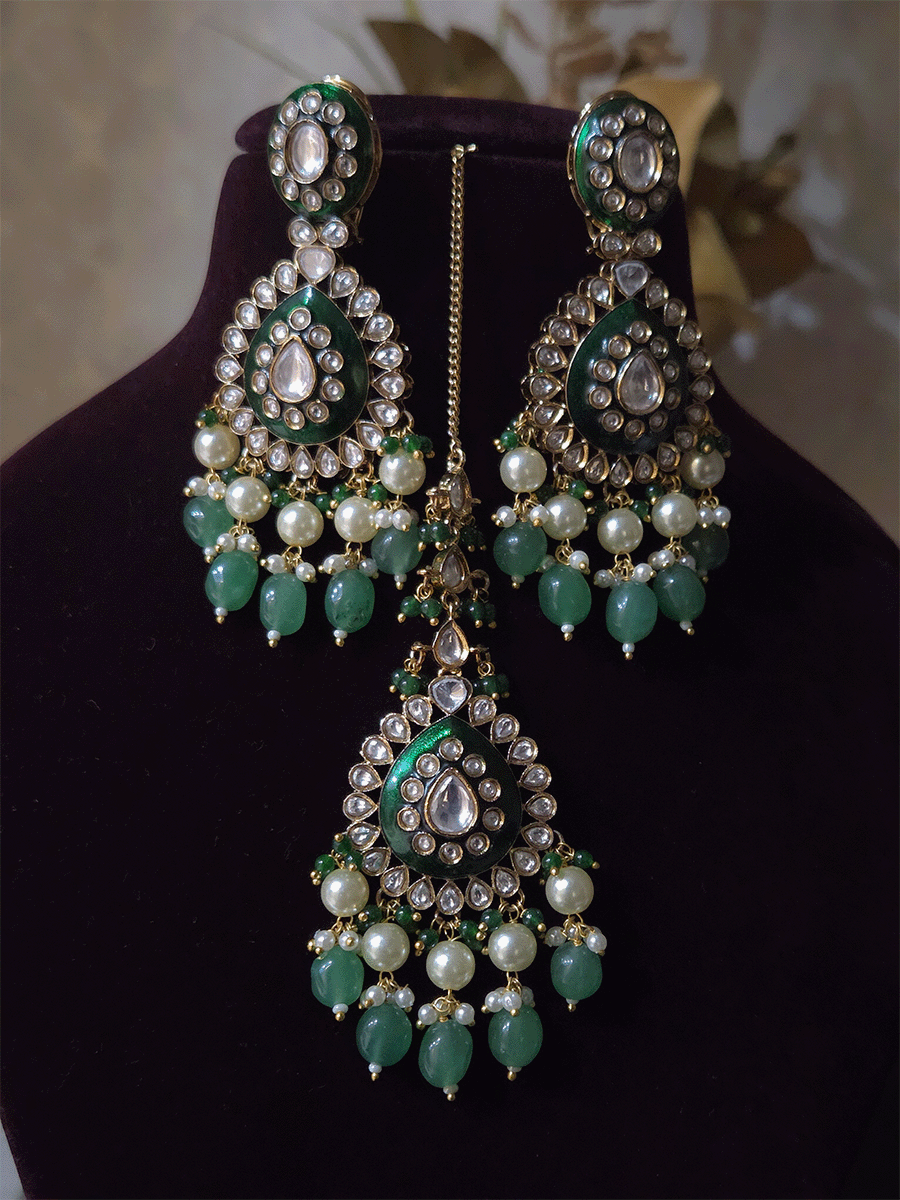 Green enamel tear drop shaped tukdies kundan set with pearl and jade green drops