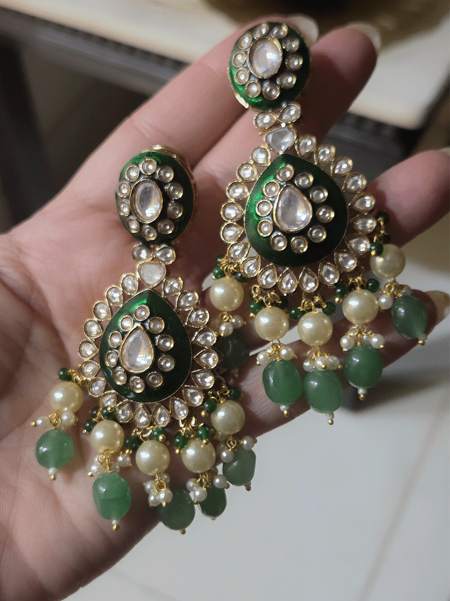 Green enamel tear drop shaped tukdies kundan set with pearl and jade green drops