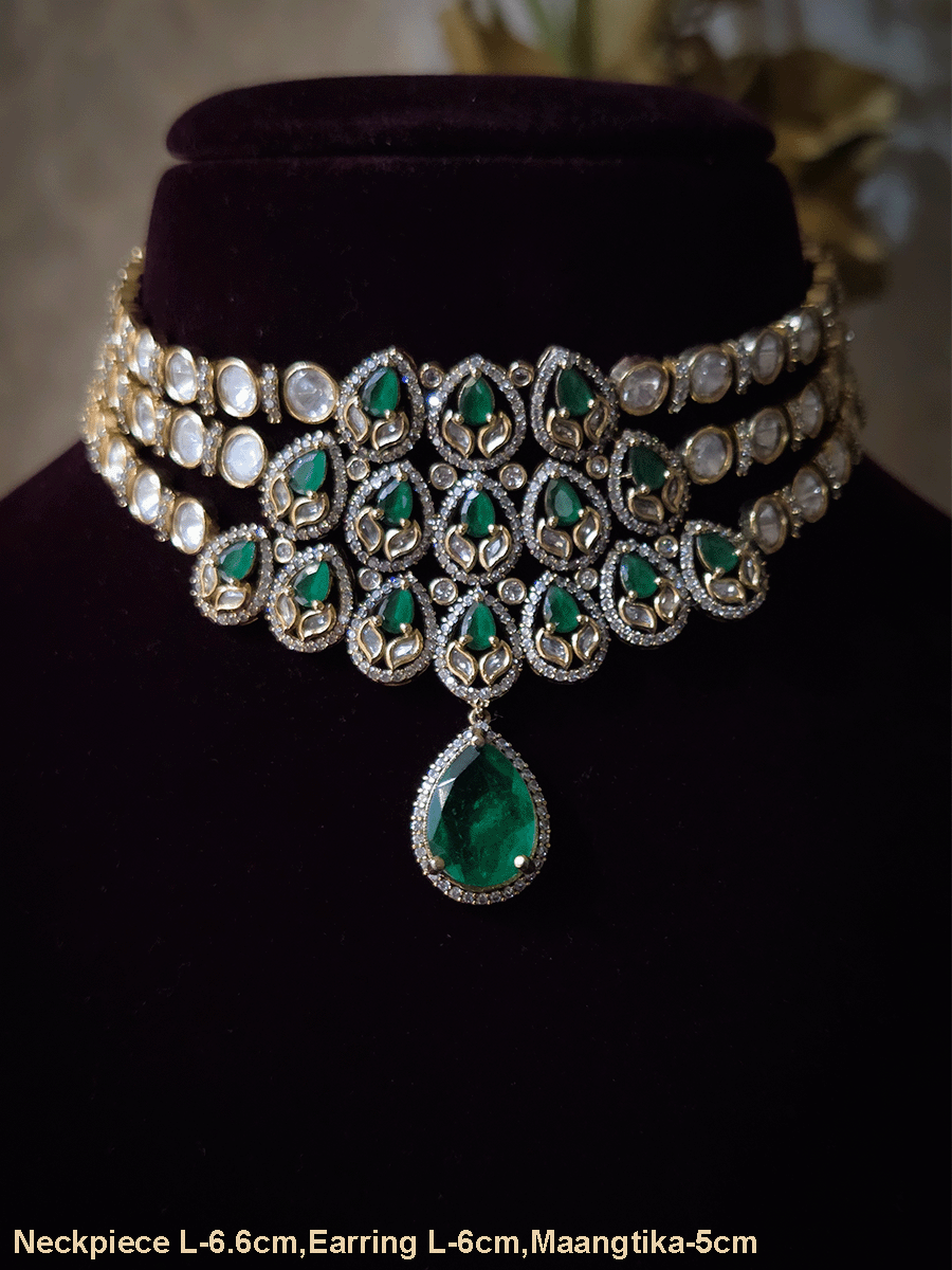 Green stones studded triple layer moissanite set with green tear drop hanging