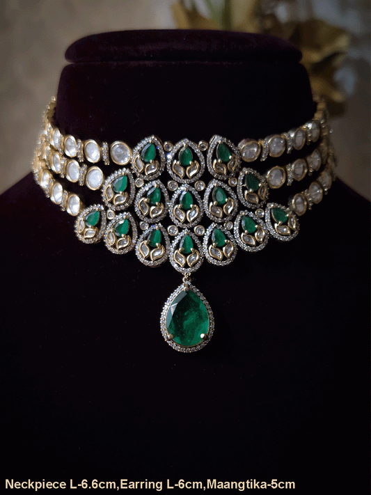 Green stones studded triple layer moissanite set with green tear drop hanging