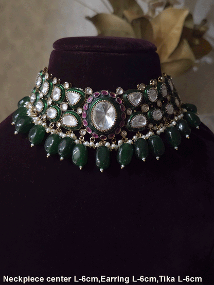 Bold oval uncut polki in center of green enamel choker set with green hanging beads