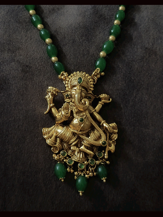 Ganpati ji pendant with green bead drops and green bead string