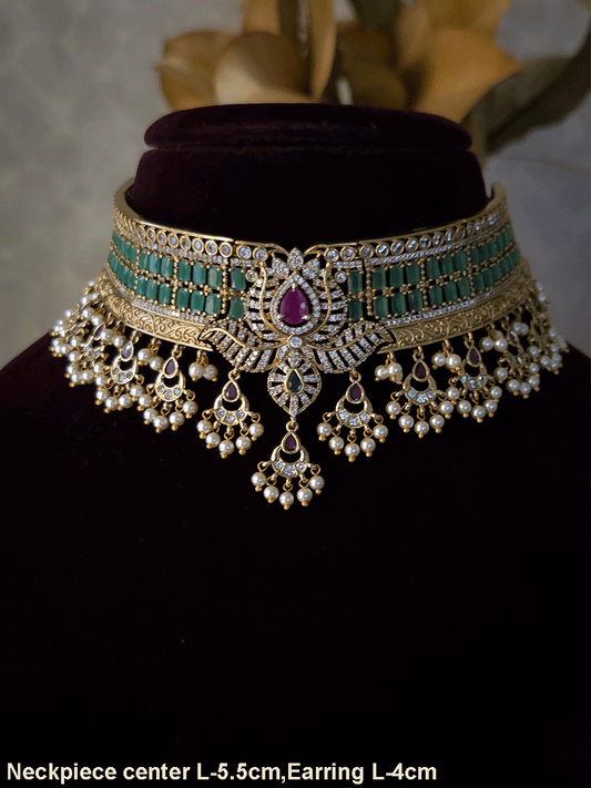 Rectangular stones setting in classy polki and AD set with leaf tukdi hangings