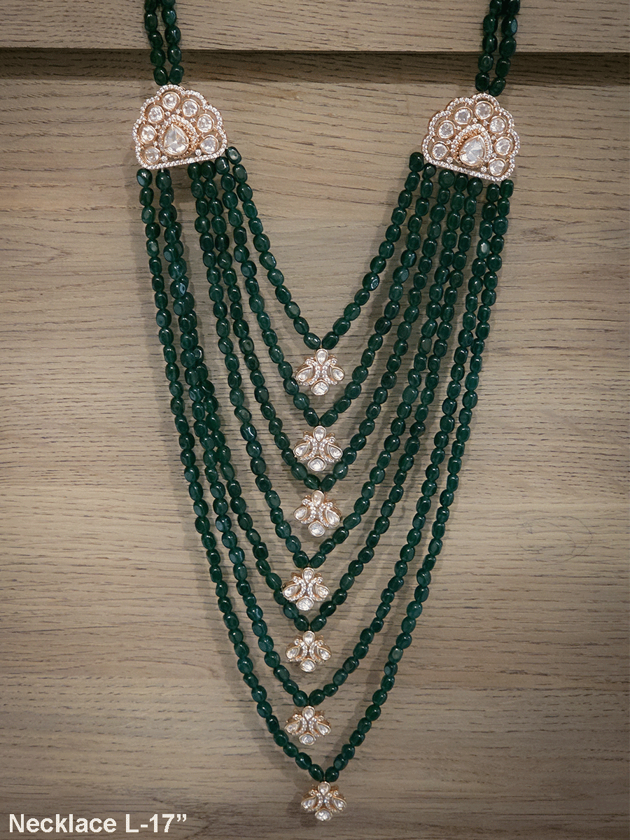 17" long seven green bead layer wedding mala with moissanite tukdies in center and side brooches
