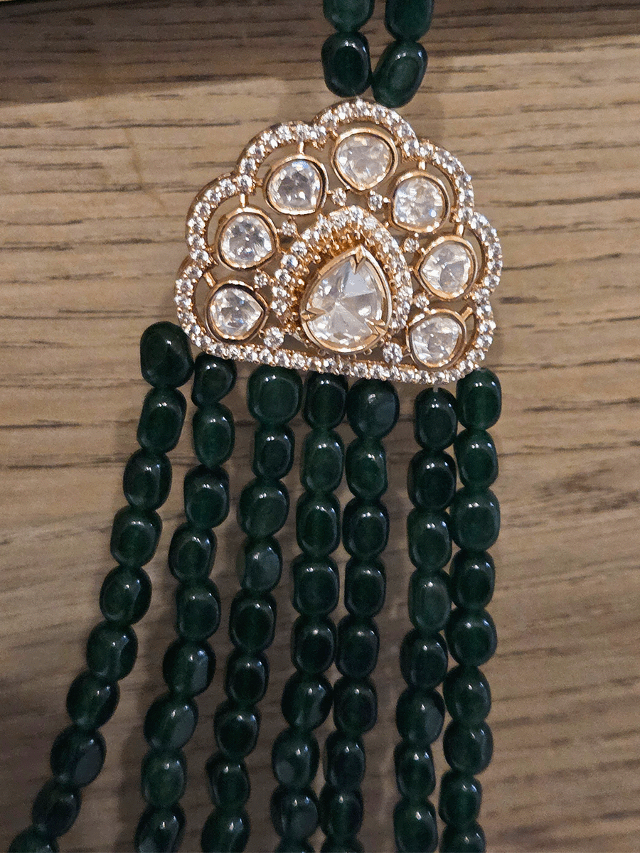 17" long seven green bead layer wedding mala with moissanite tukdies in center and side brooches