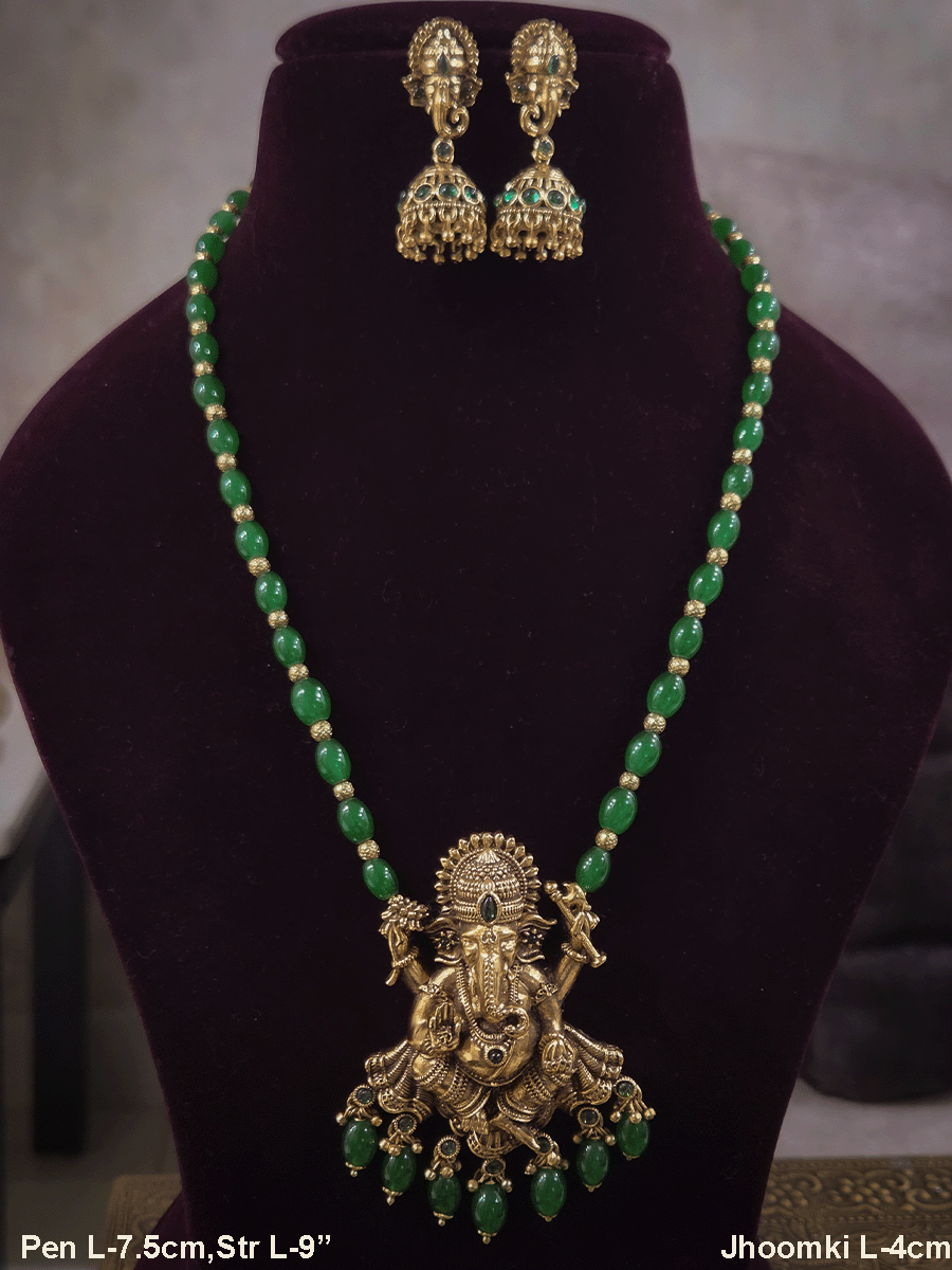 2.5 inch Ganpatiji pendant set with jhoomkies in beaded 9 inch long string
