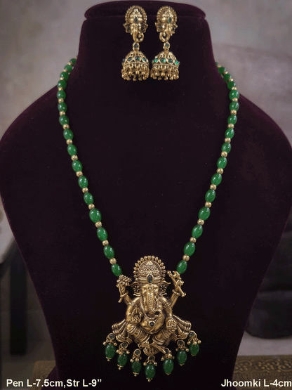2.5 inch Ganpatiji pendant set with jhoomkies in beaded 9 inch long string