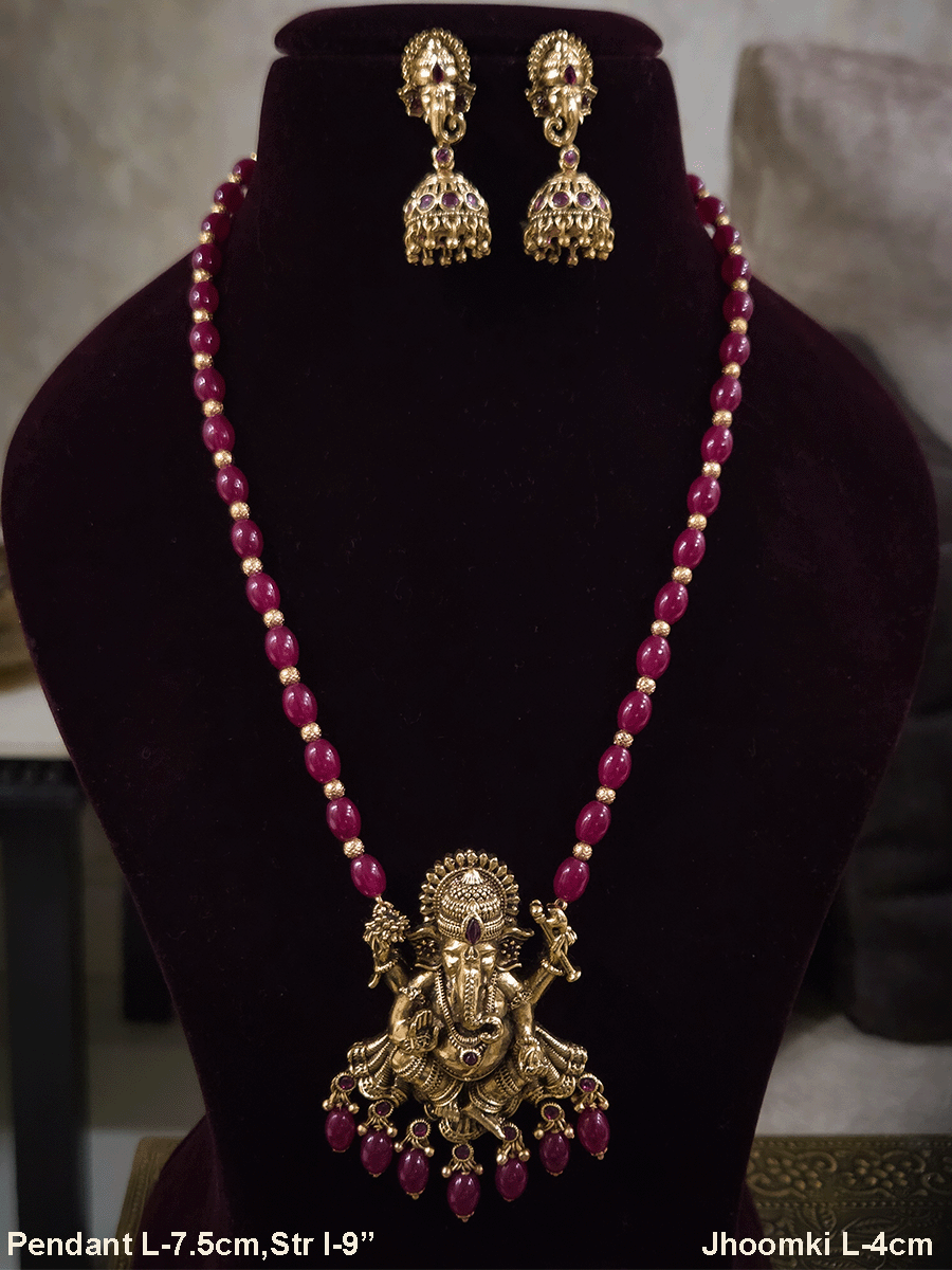 2.5 inch Ganpatiji pendant set with jhoomkies in beaded 9 inch long string
