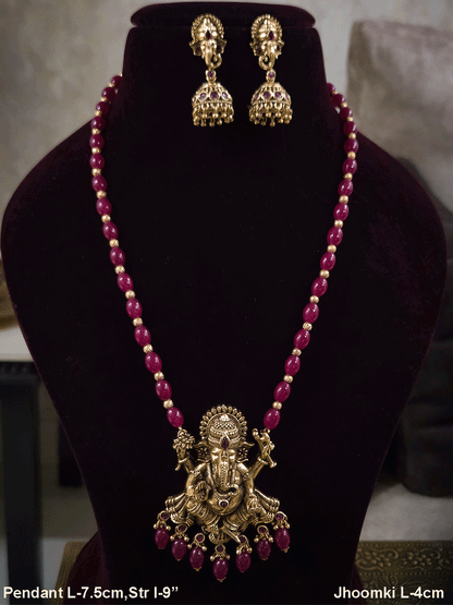 2.5 inch Ganpatiji pendant set with jhoomkies in beaded 9 inch long string