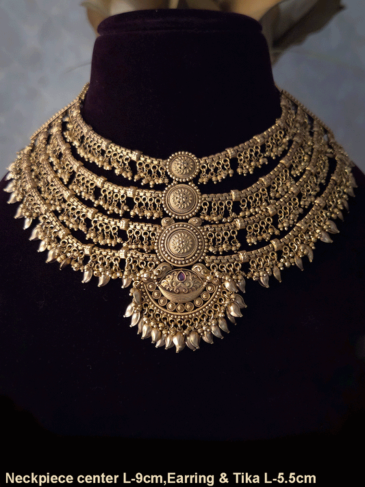 Four layer ghunghru hangings with center circular and half moon design set with leaf hangings