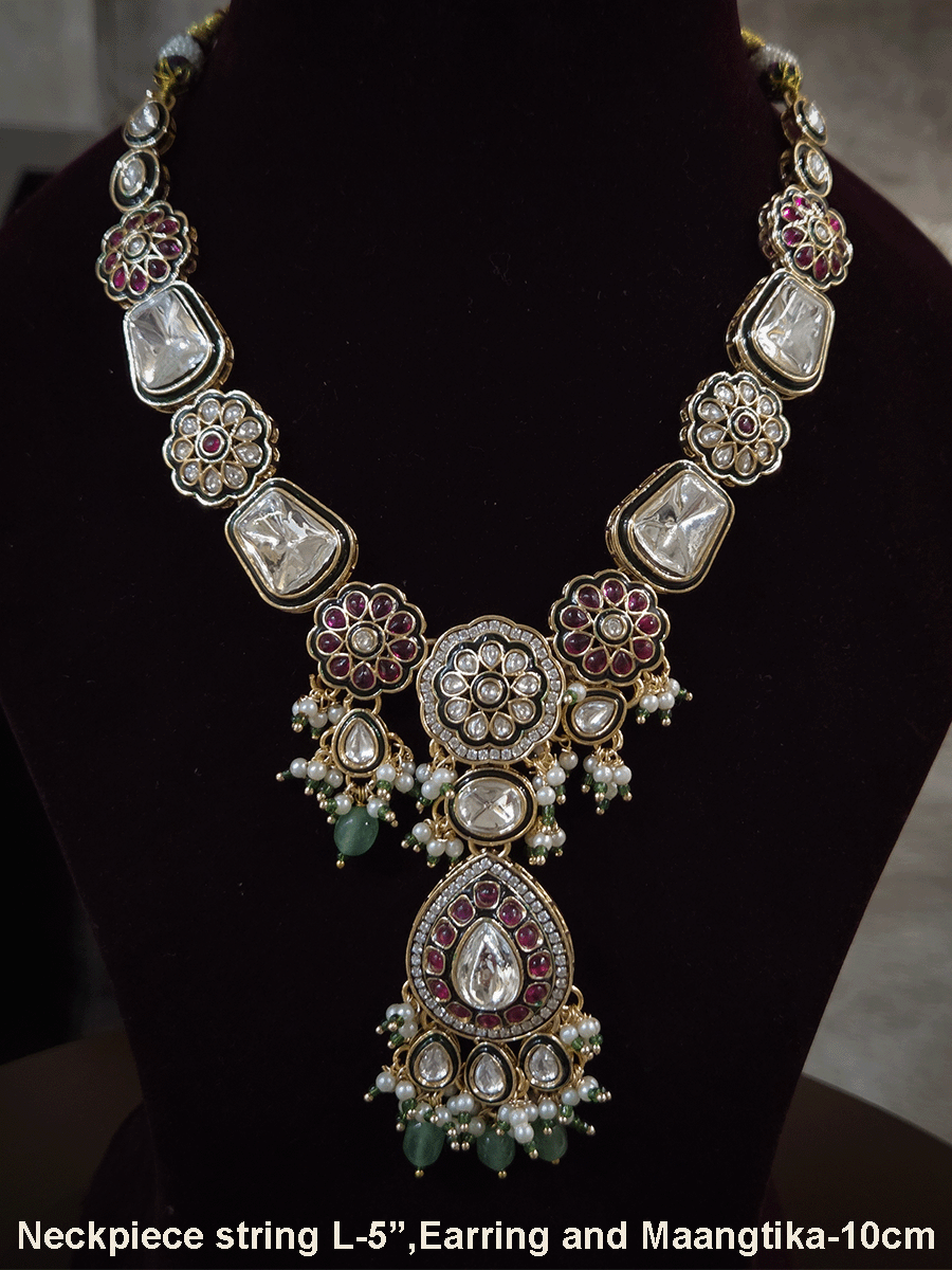 Aqua drops uncut polki set with ruby stone flowers in 5" long string(earrings and maangtika)