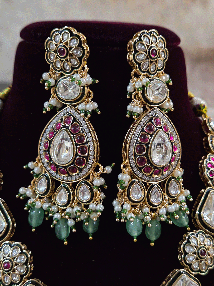 Aqua drops uncut polki set with ruby stone flowers in 5" long string(earrings and maangtika)