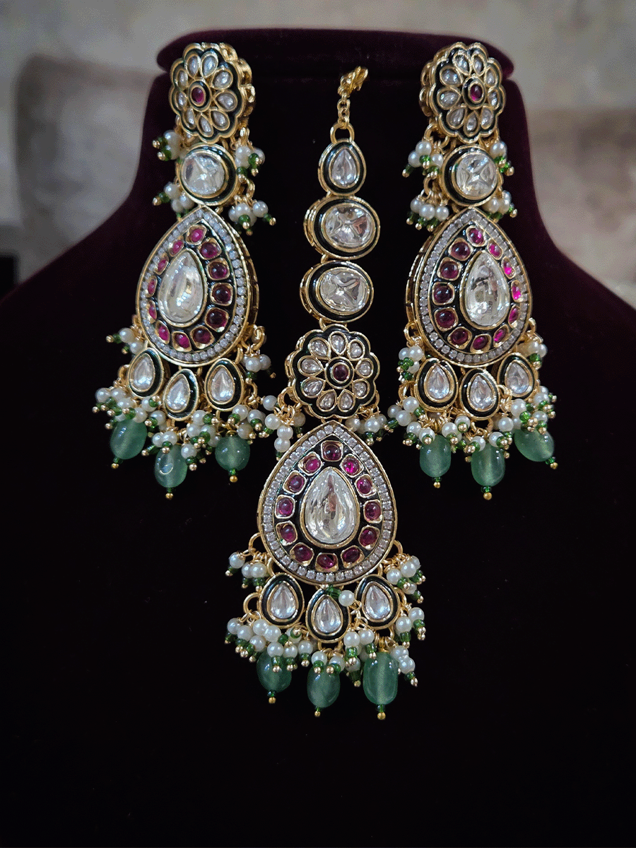 Aqua drops uncut polki set with ruby stone flowers in 5" long string(earrings and maangtika)