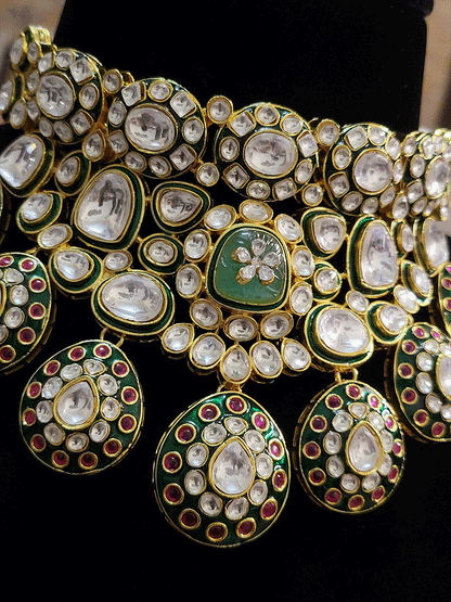 Royal green meenakari work tear drop shaped hanging tukdies in broad kundan choker set