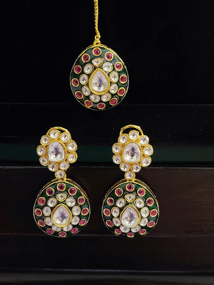Royal green meenakari work tear drop shaped hanging tukdies in broad kundan choker set
