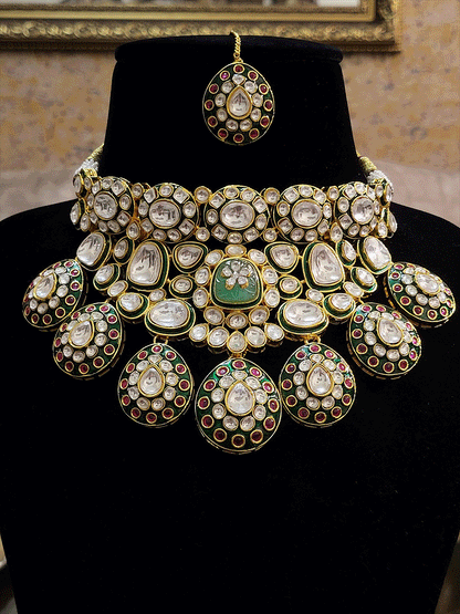 Royal green meenakari work tear drop shaped hanging tukdies in broad kundan choker set