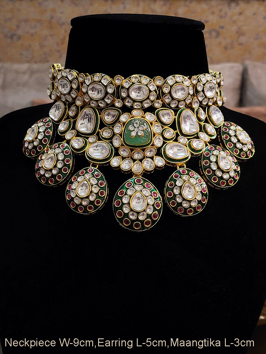 Royal green meenakari work tear drop shaped hanging tukdies in broad kundan choker set