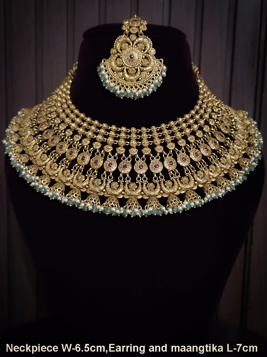Broad choker set with circular tukdies and half jhoomki aqua bead design