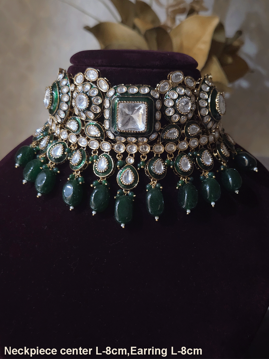 Square center uncut polki green enamel work set with tear shaped green drop tukdies