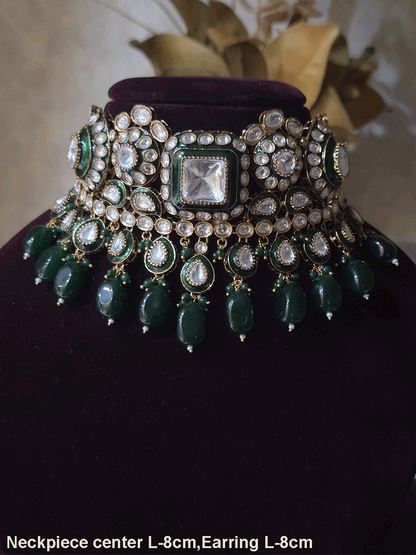 Square center uncut polki green enamel work set with tear shaped green drop tukdies