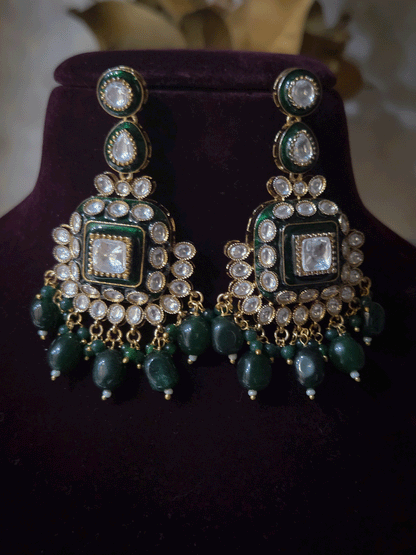 Square center uncut polki green enamel work set with tear shaped green drop tukdies